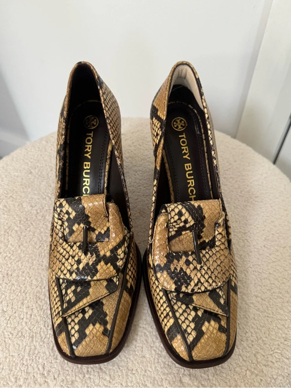 Tory Burch Snake-Print Block Heel Loafers - Beige & Black